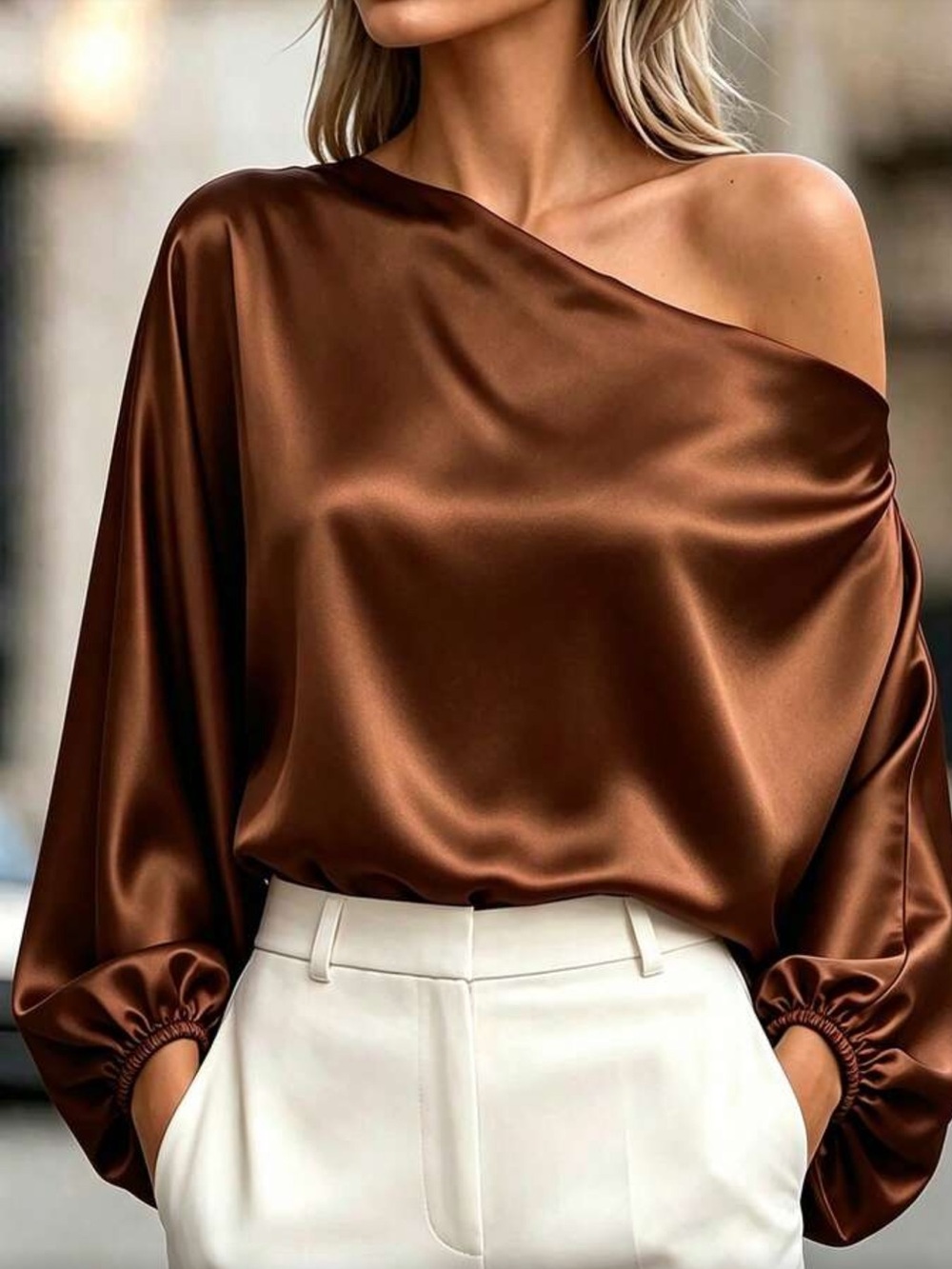 Women's Satin One-Shoulder Blouse - Brown